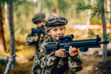 children play with fake machine guns, dressed in camouflage clothing.