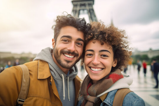 AI generated image of couple selfie in front of Eiffel Tower in Paris