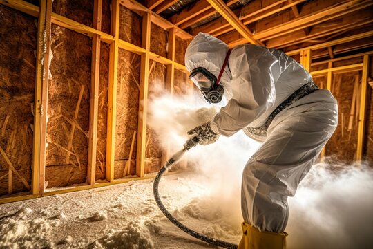 An operator fumigates with gas the floor of a wooden house under construction.
