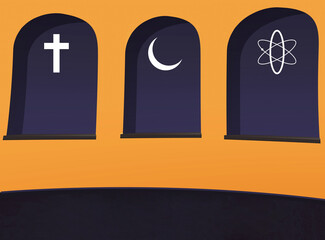 Three windows representing different faiths abstract background. Christianity, Islam and atheist signs on the windows backdrop