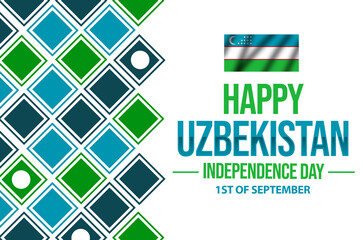 Uzbekistan independence day wallpaper design with waving flag and colorful shapes. 7th of September is celebrated as Independence day in Uzbekistan