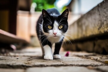 A young black and white cat roams the streets, embracing its adventurous spirit