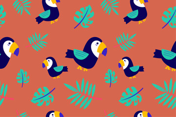 Fototapeta premium Colourful tropics Summer Seamless Pattern. Hand drawn doodle beauty beach summertime kids background wallpaper for fashion graphic print, textile, apparel, wrapping paper vector