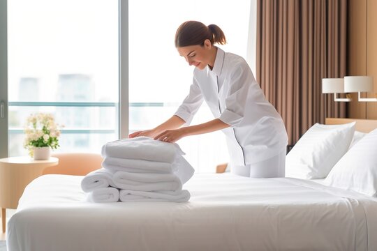A woman prepares a hotel room for guests.