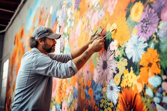 A vibrant mural comes to life as a street artist sprays paint on a wall. (AI Generated)
