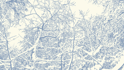 Vector abstract dirty grunge background with tree branches chaotic tangled in winter with snow on it.