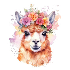Cute alpaca with a flower, watercolor illustration. Generative ai