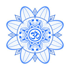 Ornamental blue Flower Aum Om Ohm symbol Mandala art decor and mandala diwali om for coloring book greeting card tile pattern wallpapers decor and indian henna tattoo pink background	