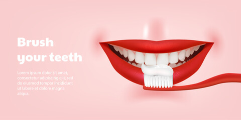 Beautiful 3D illustration for a medicine banner featuring a red toothbrush brushing realistic teeth with a bright smile. Promotes dental care, hygiene, and teeth whitening. For dental clinics