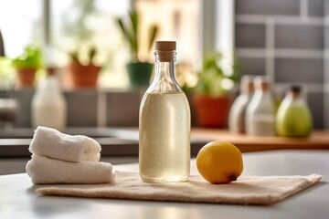 Eco-friendly home cleaning with vinegar and bicarbonate for freshness.
