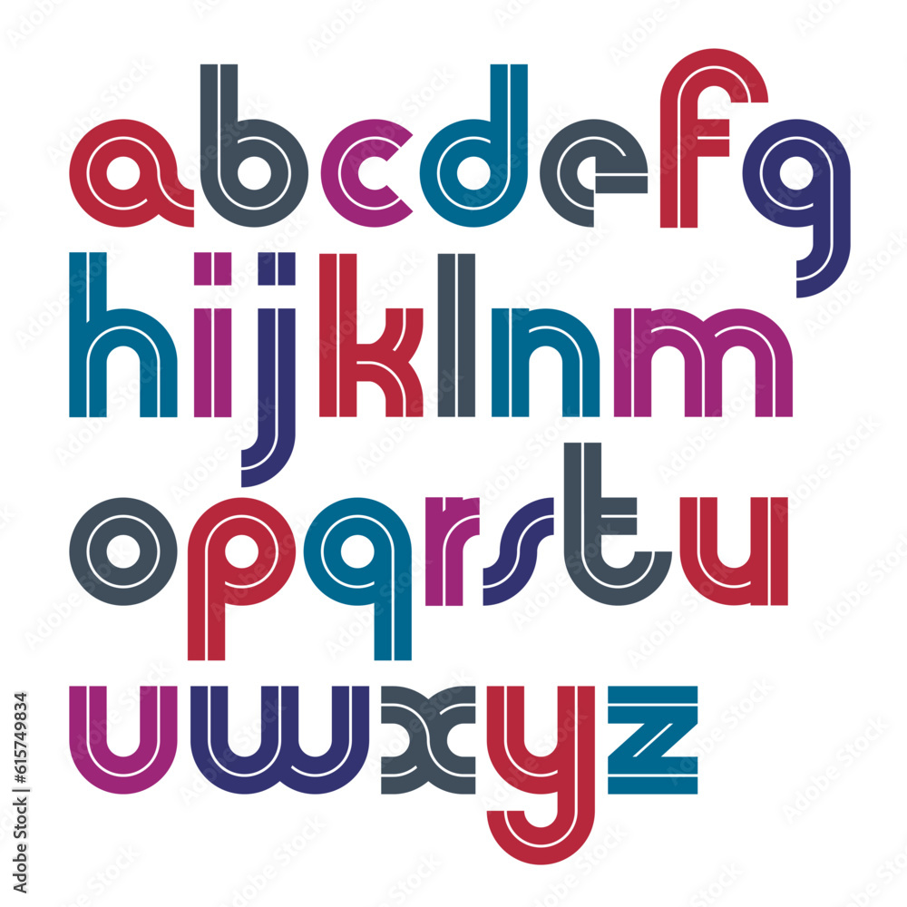 Poster set of vector bold lower case alphabet letters with white lines, best for use in logotype design in 