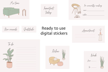 Ready to use minimalist digital stickers. Digital note papers and stickers for digital bullet journaling or planning. Essential stickers. Vector art. - 615750092