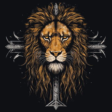 Vintage symbol lion head and cross in tattoo style Emblem, t-shirt graphic. Vector illustration.