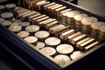 Obraz na płótnie Canvas Gold and silver investment portfolio with diversified range of precious metal coins and bars, symbolizing a secure investment