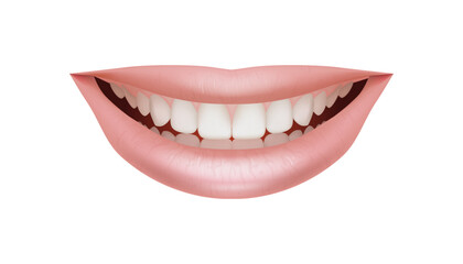 Realistic and beautiful 3D illustration of a female smile, featuring shiny pink lips and white teeth. Perfect for dental, cosmetic, or oral care themes. Isolated on a white
