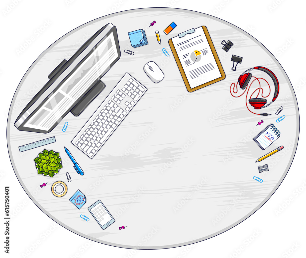 Fototapete Work desk workspace top view with PC computer and a lot of different stationery objects on table with copy space for text. All elements are easy to use separately or recompose illustration. Vector.