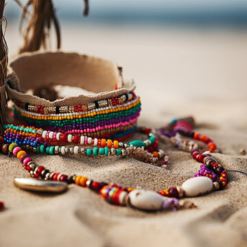 some bracelets and beads on the sand at the beach in front of an ocean with a boat in the background