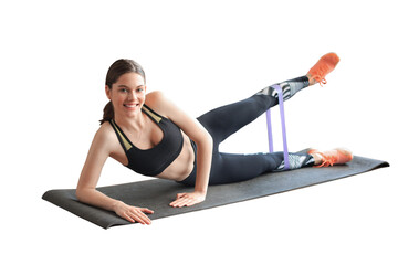 Fitness beautiful slim woman doing side plank with resistance band on a transparent background