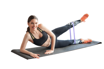 Fitness beautiful slim woman doing side plank with resistance band on a transparent background