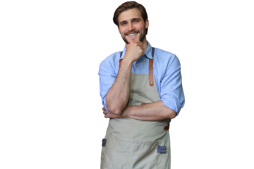 Shot of happy young bar owner standing and looking at camera, smiling on a transparent background.