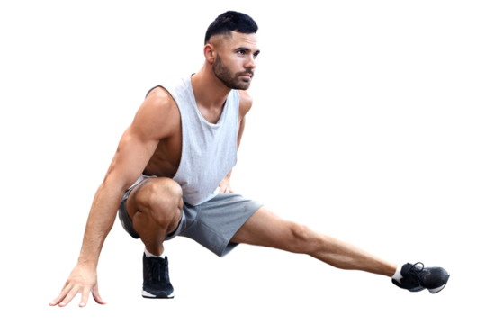 Man at the gym doing stretching exercises on a transparent background