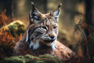 Obraz premium The Eurasian Lynx in the Boreal Forest. Generative AI
