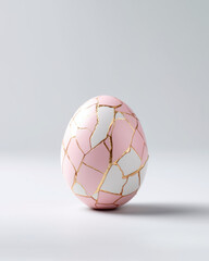 Broken egg restored with Japanese Kintsugi restoration technique. Pastel pink and grey colors. Minimalism, the beauty of imperfections. Generative AI.