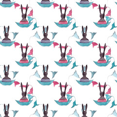 Silhouettes of black hares in boats on the sea. Watercolor illustrations. Festive seamless pattern for your design
