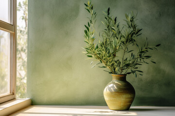 Modern summer minimal of olive tree branch in sunlight with long shadows on beige wall background, copy space interior lifestyle Mediterranean scene. Generative AI.