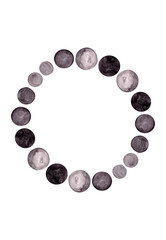 Parade of planets. A frame of silhouettes of different planets arranged in a circle. Watercolor illustration