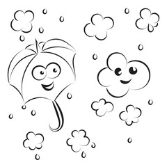 Rain cloud with raindrops line art design. Cute cloud raining and smile icon design.