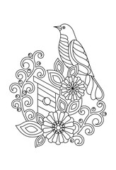 Bird, birdhouse and flowers. Coloring book page for adults and children. Hand drawn Vector illustration .