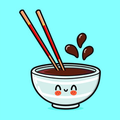 Cute funny Bowl of soy sauce. Vector hand drawn cartoon kawaii character illustration icon. Isolated on blue background. Bowl of soy sauce character concept