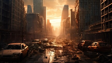 a destroyed city with cars and debris on the road. Generative AI Art. - 615752080