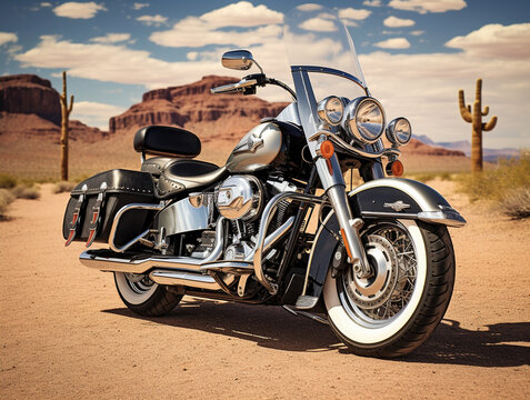 Cruiser motorcycle in the desert.