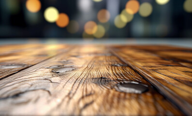 Empty wooden table close-up on a dark background.