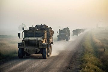 two military trucks driving down a dirt road in the foggy area with tall grass on both sides and an overcast sky