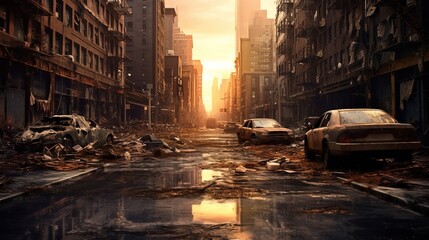 a dirty street with cars and buildings in the background. Generative AI Art. - 615753046