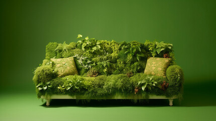Couch furniture made of living plants on green background - eco design concept illustration