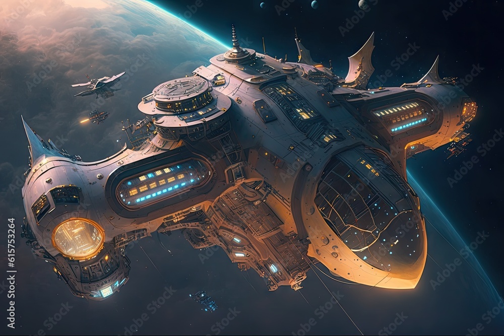 Poster cyber punk spaceship seen from above. glorious generative ai.