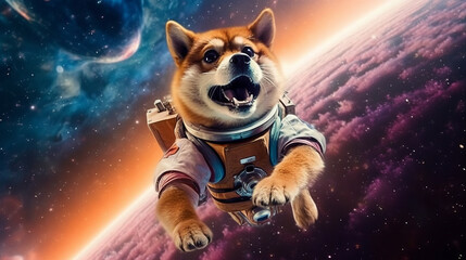Dog a Bichon Maltese Astronaut floating in a surreal galactic backdrop