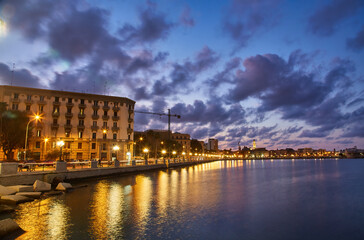 Panoramic view of Bari, Southern Italy, the region of Puglia seafront at dusk.