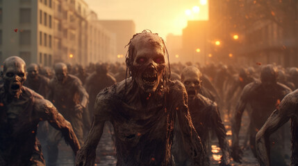 Obraz premium Crowd of zombies in a post-apocalyptic city zombie attack going forward