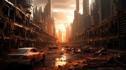 a destroyed city with cars and debris. Generative AI Art.