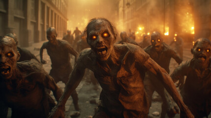 Crowd of zombies in a post-apocalyptic city zombie attack going forward
