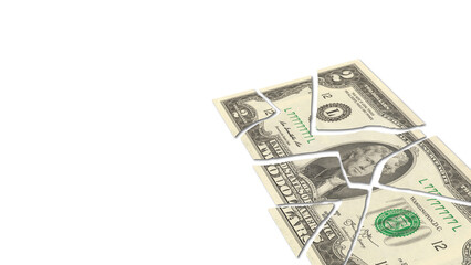 Financial economic illustration. A split and torn two dollar banknote. White empty background. Sample or blank image. Crisis, collapse of the economy.