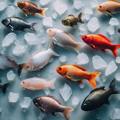 Fototapeta premium many fish swimming in an ice - filled pool, with the focus on the goldfish's head and tail