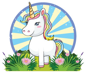 Cute unicorn cartoon character with retro comic background