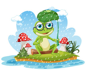 Green Frog Cartoon Character Holding Leaf Umbrella