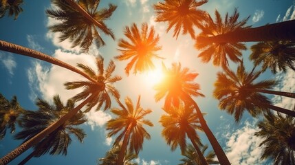 looking up view of palm trees and the sun shining through the trees. Generative AI Art. - obrazy, fototapety, plakaty